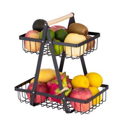 China 2 Tiers Iron Metal Wire Rack Black Viable Storage Rack Bread Kitchen Fruit Basket Vegetable Display Stand for sale