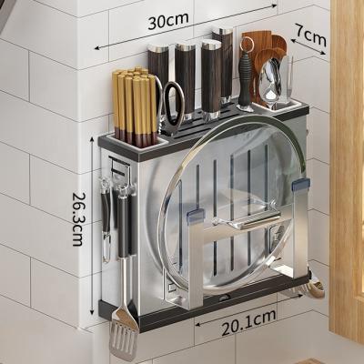 China Sustainable Stainless Steel Kitchen Storage Organizer Rack For Pot Lid Cutting Board Knife Sets Spoon Fork Rack With Drain Tray for sale