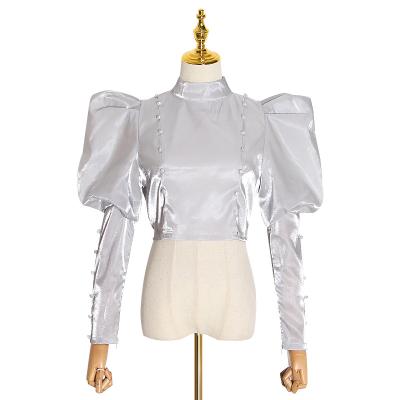 China Autumn Elegant Latest Shirt Stand anti-pilling blouses 2021 puffy sleeve collar blouse women ladies for sale