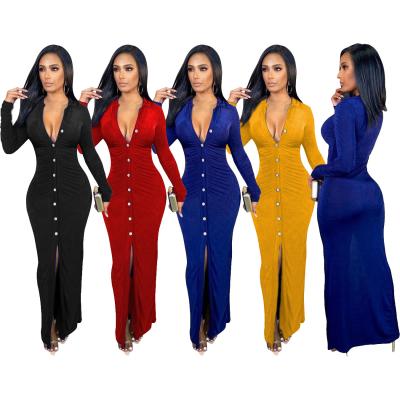 China 2021 autumn women's anti-static clothing slim fit button down cardigan solid color refusal collar high split velvet maxi dress for sale