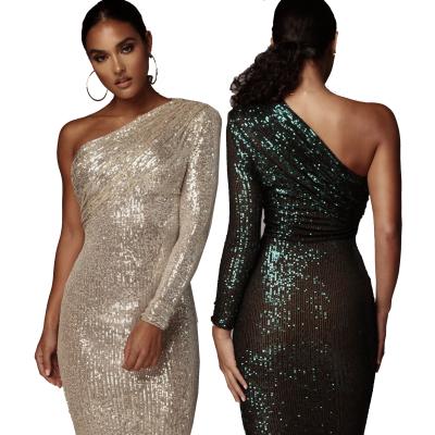 China Anti-Wrinkle One Shoulder One Shoulder Teal Fashion Sequin Fashion Dress Black Gold Sequin Evening Dresses Asymmetric Simple Dress for sale