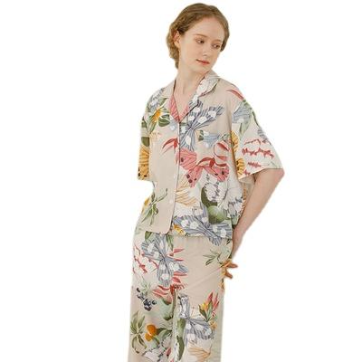 China New QUICK DRY QUICK DRY pajamas leaf print summer short sleeve silk pajamas pants lace up loose women cotton pajamas set for sale