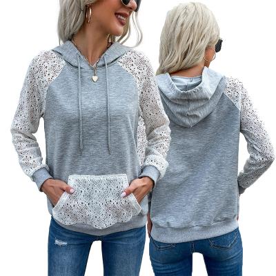 China 2021 Autumn New Product Anti-wrinkle Mesh Hollow Out Lace Splicing Sweatshirt Hooded Women's Pullover Hoodie for sale