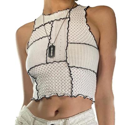 China Solid Color Anti-pilling Ribbed Cute Spliced ​​White Tops Anti-pilling Mesh Joint Women Summer Top for sale