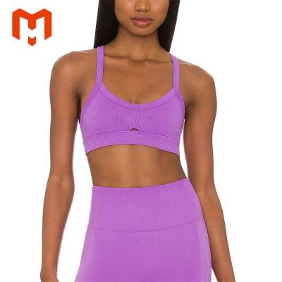 China Brand Back Breathable Custom Cross Straps Unpassed Buttery Soft Nylon Women's Lightweight Support Yoga Bra Ribbed Fabric Sports Bra for sale