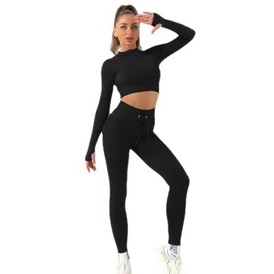 China OEM Breathable Plus Size Yoga Sets Fitness Women Waist Sexy Elastic Crop Top Leggings Gym 2 Pieces Set Ribbed Yoga Set for sale