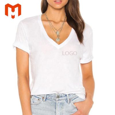 China Women's T-shirt Friendly Deep V-Neck Anti-pilling Cotton High Quality Pure Skin Basic Solid White Casual Light Tee for sale