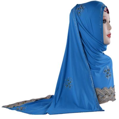 China Fashion Polyester Embroider Flowers Shawl Solid Color Lace Headscarf Rhinestone Muslim Hijab Scarf for sale