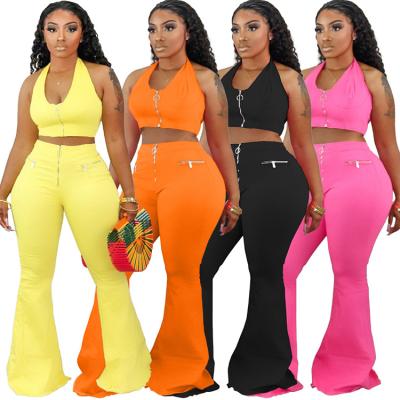 China 2021 breathable new sexy solid tie up backless cropped tops and high waist wide leg pants sets for women for sale