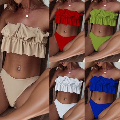 China Breathable 2022 Ladies 2 Pieces Set Ruffle Solid Color Swimsuit Tube Waist Bikini Women Sexy Beach Wear Top for sale