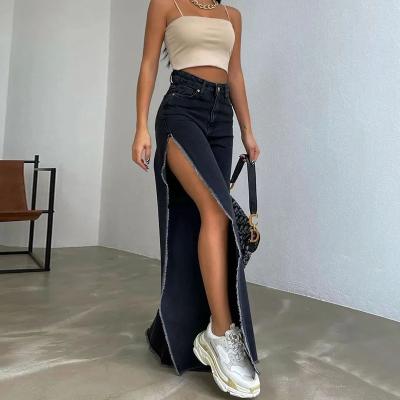 China Wholesale Breathable Sexy High Leg Casual Wide Leg Straight Jeans Cut Out Split Jeans Pants For Women for sale