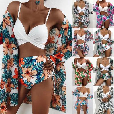 China 2023 Windproof High Waist Wholesale 3 Piece Swimsuit Halter Floral Print Sexy Bikini Women 3 Piece Swimsuit for sale