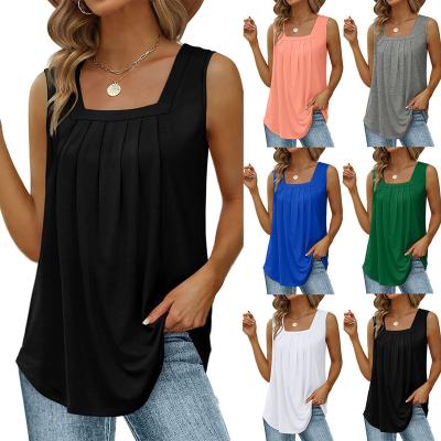 China Wholesale Anti-Wrinkle Summer Pleated Cotton Sleeveless T-shirt Top Drop Shoulder Simple Breathable T-shirts Women for sale