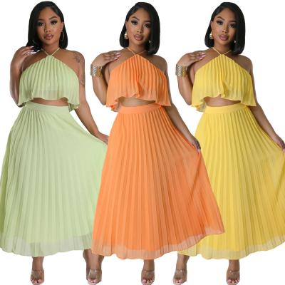 China Wholesale QUICK DRY Sexy Backless Two Piece Set Tank Spaghetti Strap Crop Mesh Long Pleated Skirt Tops Women 2 Piece Skirt Sets for sale