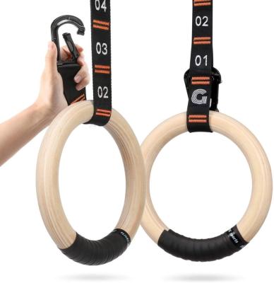 China Customized Logo Fitness 28mm Birch Wood Ring 38mm Strap Hanging Buckle Gym Ring For Home for sale