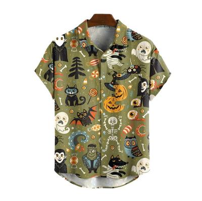 China Custom Made Mens Anti-pilling Halloween Hawaiian Lapel Printed Rayon Button Short Sleeve Shirt for sale