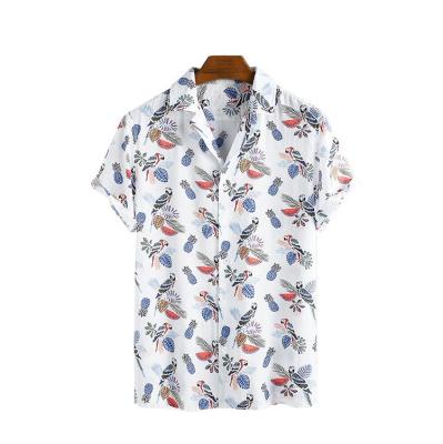 China Custom Anti-Pilling Fruit Plant Parrot Tropical Pineapple Rayon Printed Hawaiian Short Sleeve Shirt for sale