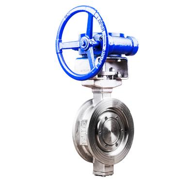 China Aço fundido Triple excêntrico manual Worm Gear Wafer Butterfly Valve D373H-16C em Azul à venda