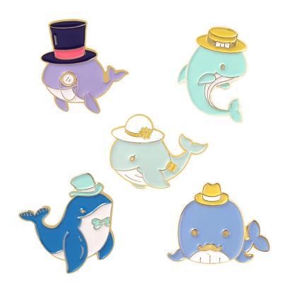 China Europe Metal Crafts Animal Enamel Pins Fair And Lovely Marks Purple Whales In Nice Hat Brooch Badge For Kids for sale