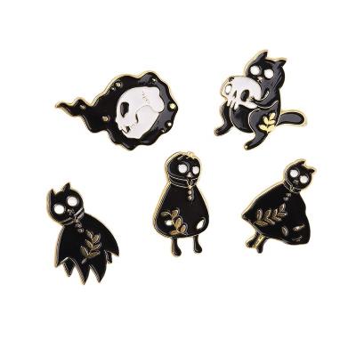 China New Arrival Europe Gothic Cat Brooch Black Enamel Metal Crafts Ghost Skull Pins Wheat Cats Bag Special Skeleton Sneakers Badges for sale