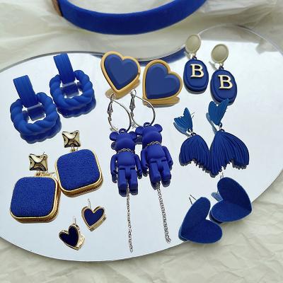 China The other niche design sense of Klein's earrings 925 blue silver needle South Korea new of the upper personality sense of dangling earring for sale