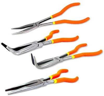 China Long Nose Pliers 4 Crimping Needle Nose Pliers Set 11 Inch Long Reach Straight Angle Curved Pliers 45 and 90 Degree for sale