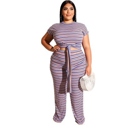 China QUICK DRY Women's Plus Size Stripe Skinny Ties Cropped Sleeve T-shirt Tops Straight Pants Two Piece Set / Plus Size Womens Clothing for sale