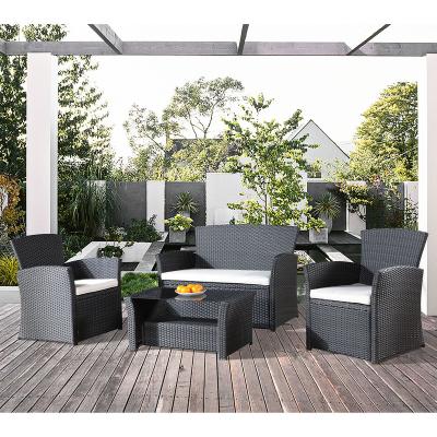 China Modern 4 Piece Aluminum Metal PE All Weather Wicker Patio Rattan Furniture Outdoor Garden Sofa Set With Tempered Glass Coffee Table for sale