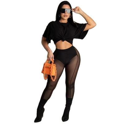 China Summer Fashion Solid Color Mesh Waist Butt Lift Pencil Pants Exposed Navel T-shirt Two Piece Set Casual Sexy Sheer Pants QUICK DRY Top for sale