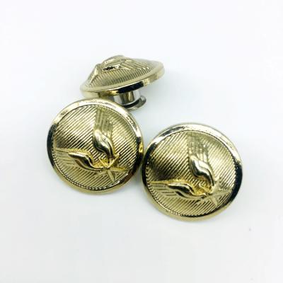 China Dry Clean Custom Design Brass Zinc Alloy Gold Embossed Metal Garment Accessories Army Blazer Suit Coat Uniform Leg Button for sale