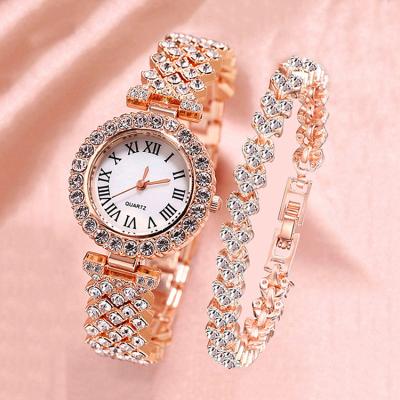 China Fashionable Business Hundreds Day/Date Luxury Diamond Encrusted Elegant Full Star Quartz Watch Set Plus Diamond Encrusted Bracelet Set for sale