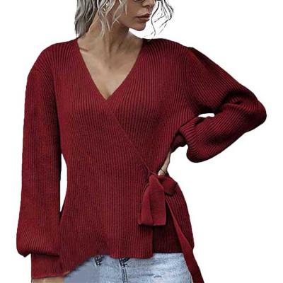 China Autumn Breathable Sweaters for Women Casual V-Neck Sleeve Belt Long Yarn Knit Women's Sweaters for sale