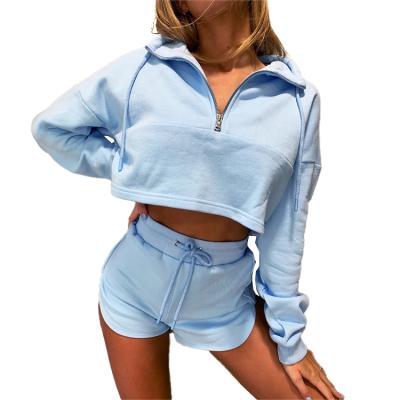 China Breathable Zipper Pullover Turndown Collar Fitness Shorts Women's Hoodies and Sweatshirts Two Piece Set for sale