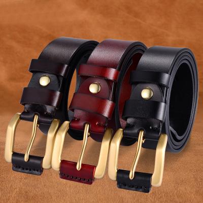 China Cowhide 3.8cm width belt 40mm pin buckle solid brass leather belts for men, custom made leather belt factory for sale