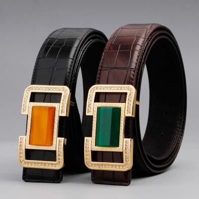 China Crystal Lines Cowhide 3.5cm Width Genuine Leather Gemstone Buckle Centipede Belts for sale