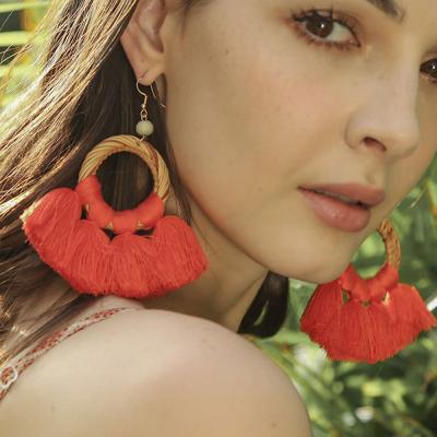 China 2021 Factory Made Exaggerated BOHEMIA Rattan Tassel Earrings Big For Girls for sale