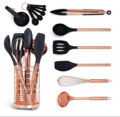 China 17 Piece Set Black Silicone & Copper Kitchen Utensils Rose Gold for sale