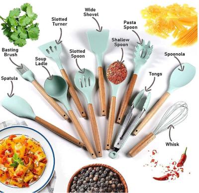 China Silicone Wooden Kitchen Utensil Set With Stand Rustproof Multiapplication for sale