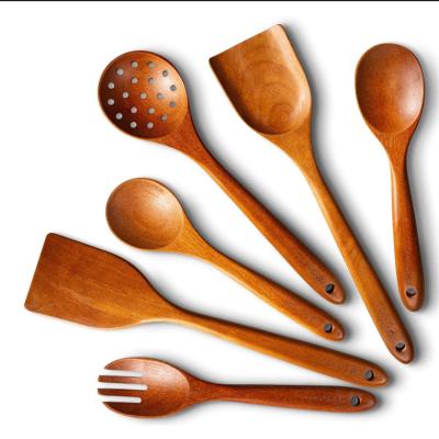 China 6 Piece Natural Teak Wooden Kitchen Cookware Spatula Spoons Fork Chestnut for sale