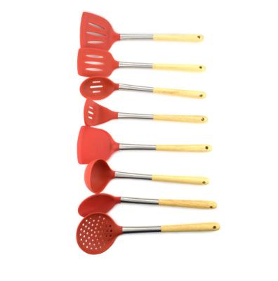 China Acacia Wooden Handle Kitchen Spatula Spoon Set 8 Pieces Non Stick Strainer for sale