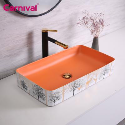 China Modern No Hole Rectangle Color Draw Basin Elegant Ceramic Art Sink for sale