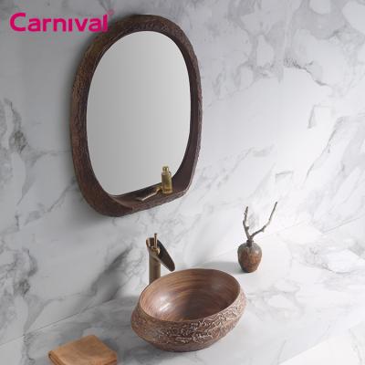 China Modern Irregular Shape Ceramic Vessel Sink Style Design Vintage Grain Wash Art Wood Basin For Hotel Bathroom for sale