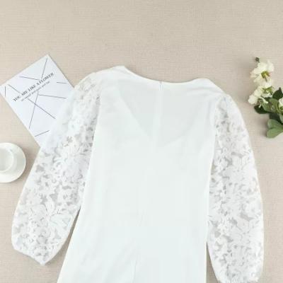 China Viable Surplice White Neckline Floral Puff Sleeves Plus Size Dress for sale