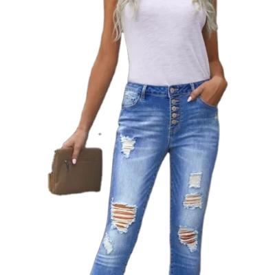 China Sky Blue Breathable High Rise Button Front Frayed Ankle Skinny Jeans for sale