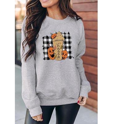 China Pumpkin Plaid Print Crewneck Halloween Anti-pilling Graphic Sweatshirt for sale