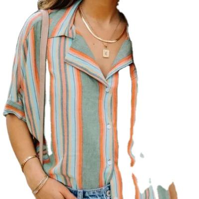 China Anti-pilling green button striped short sleeves shirt for sale