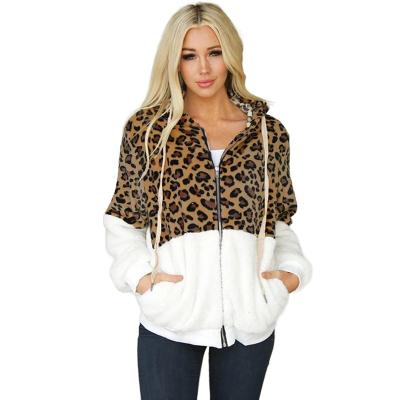 China Factory Wholesale Stylish Anti-wrinkle Leopard Patchwork Sherpa Zip Up Women Coat for sale