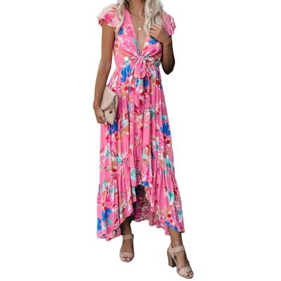 China high-low pocketed tie Maxi Women Casual Cheap Anti-wrinkle Chinese fashion floral dress for sale