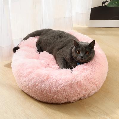 China Amazon Pet Round Pet Cat Bed Top Fleece PP Cotton Filling Breathable Non-Slip Cat Sleep Cat Bed Pet for sale