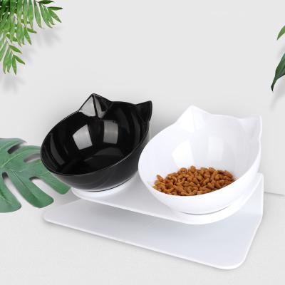 China Customized Hot Viable Double Bowl Silicone Neck Pad Dog Cat Food Plastic Cat Bowl Double for sale